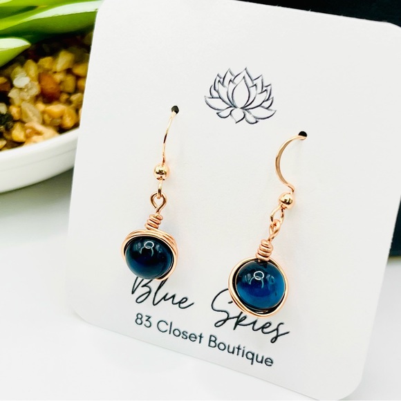 Rose Gold Blue Tigers Eye Earrings - Picture 3 of 8